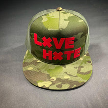 Load image into Gallery viewer, Camo LXVE over HXTE Trucker Hat
